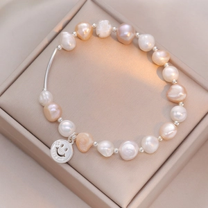 S925 silver baroque freshwater pearl bracelet with a cute smiley face round charm