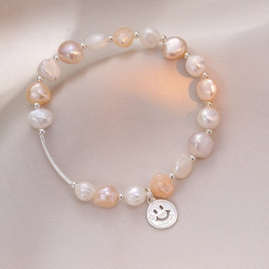 S925 silver freshwater pearl bracelet with colorful baroque pearls and smiley face charm