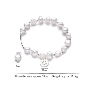 Elegant S925 sterling silver bracelet with 8mm baroque pearls and smiley face charm