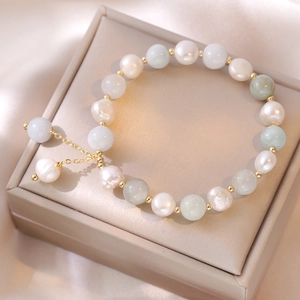 Freshwater Pearl Tianshan Jade Beaded Bracelet Elegant Baroque Style Titanium Steel Gold Plated Jewelry For Women