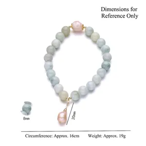 Elegant green jade beads bracelet with baroque pearl pendant and gold metal accents