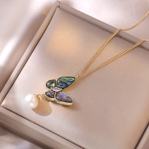 S925 silver butterfly necklace with freshwater pearl and abalone shell on silk