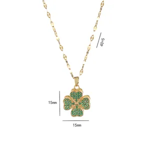 Golden clover pendant necklace with green zircon inlay and 40+5cm adjustable chain