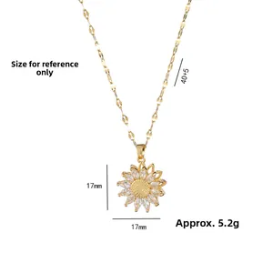 Golden sunflower necklace with rotating zircon petals and 45cm chain length for women