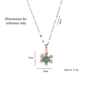 Rose gold snowflake necklace with green zircon pendants, dimensions 15mm with 45cm chain