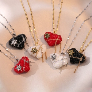 Collier Pendentif Coeur Chaîne En Acier Inoxydable Serti De Zircon Frange Étoile Détail Pour Femmes Accessoire Mode