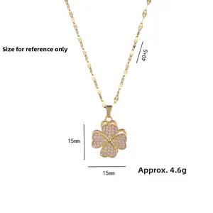 Golden clover necklace with pink zircon pavé setting on a flat metal chain