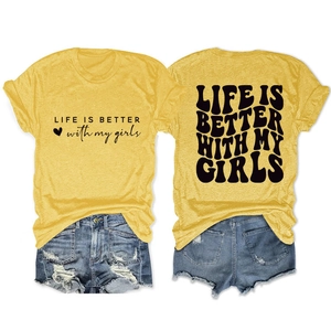 Front and back detail of a yellow Life is Better cotton T-shirt with vintage denim shorts