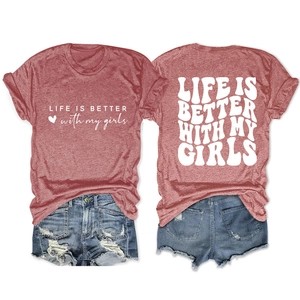 Detailed front and back views of red marl t-shirt with Life Is Better With My Girls text