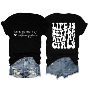 Front and back detail of black cotton T-shirt with white slogan and denim shorts set