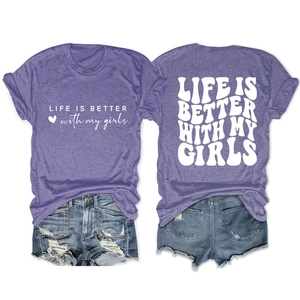 Flat lay of purple cotton T-shirt and distressed denim shorts showing front and back views