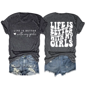 Dark grey crewneck T-shirt with Life Is Better With My Girls print and denim shorts