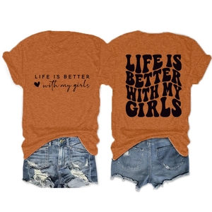 Front and back detail of orange Life Is Better With My Girls T-shirt and denim shorts