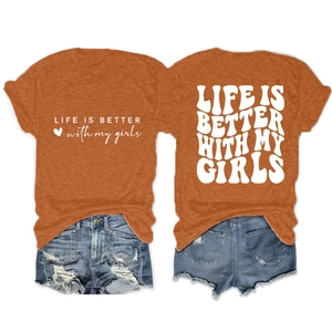 Detailed front and back view of orange cotton t-shirt with Life Is Better typography