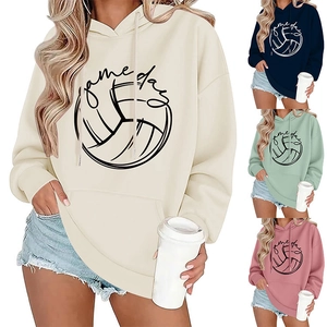 Detail view of Game Day hoodies showing volleyball print and drawstring hood in four colors