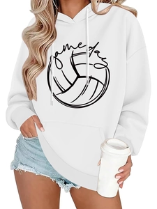 Detail of Game Day volleyball print on loose white drawstring hoodie with pocket