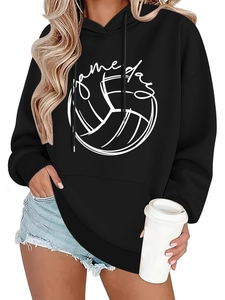 Close-up of Game Day volleyball printed hoodie with kangaroo pocket and drawstring details