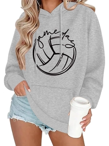 Detail of loose fit gray Game Day hoodie with volleyball graphic and kangaroo pocket