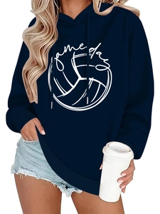 Detail of navy blue Game Day hoodie with volleyball graphic and drawstring hood