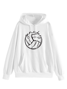 Detail of white oversized hoodie featuring a volleyball game day print and kangaroo pocket