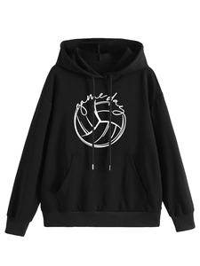 Detail of the black hoodie featuring white volleyball print and cursive gameday lettering