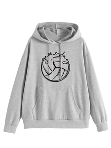 Close-up of Game Day text and volleyball graphic on light gray hoodie fabric