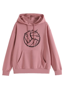 Detail of dusty pink hoodie featuring game day text and volleyball graphic with front pocket