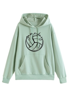 Detail of mint green Game Day hoodie showing volleyball print and kangaroo pocket