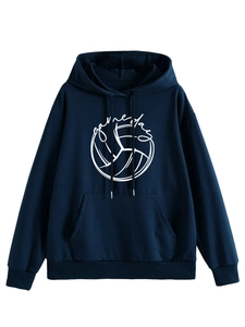Detail of navy blue hoodie with white volleyball print and gameday script lettering