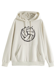 Detail of beige hoodie showing 'Game Day' volleyball print and soft kangaroo pocket