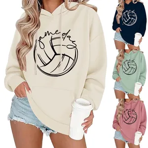 Game Day Volleyball Print Women Hoodie Cotton Polyester Long Sleeve Loose Fit Casual Sports Pullover With Kangaroo Pocket