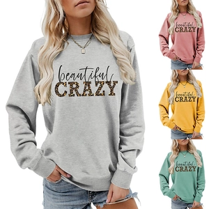 Detail of crewneck sweatshirt showing leopard print CRAZY graphic and multi-color options