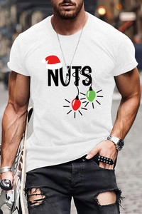Close-up of white cotton T-shirt featuring festive NUTS text and Christmas hat print