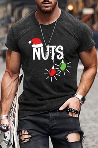 Detail of dark grey NUTS Christmas t-shirt featuring Santa hat and colorful festive lights