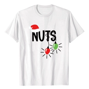 Detail of white cotton T-shirt featuring NUTS logo with a red Christmas hat and bulbs