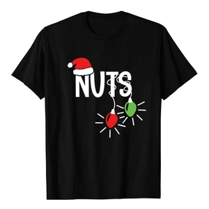 Close-up of black cotton T-shirt featuring white NUTS text and festive Christmas hat print