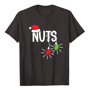 Detail of Christmas Nuts print on charcoal grey cotton t-shirt with festive lights