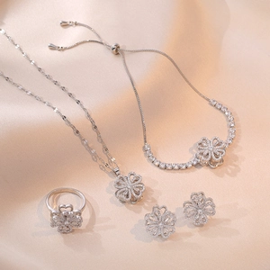 Hollow Heart Clover Titanium Steel Zircon Micro Pave Necklace Earrings Ring And Bracelet For Women Elegant Jewelry