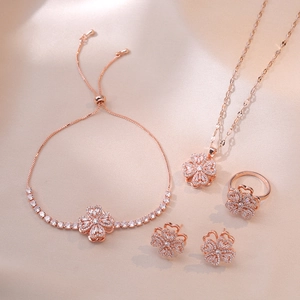 Rotierende Vierblättrige Kleeblatt Halskette Ohrringe Ring Armband Roségold Edelstahl Zirkonia Schmuck Für Damen