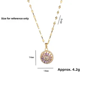 Golden radial pendant necklace with purple stones and zircon, 14mm diameter and leaf chain