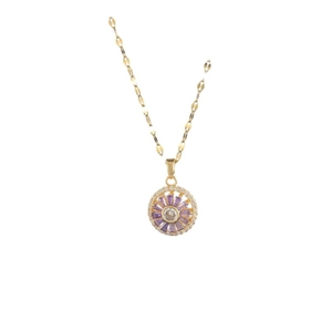 Golden sunflower necklace with purple radiating gemstones and white zircon center
