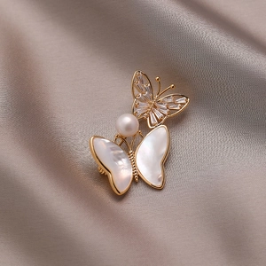 French vintage butterfly brooch with natural shell wings and premium pearl center in gold