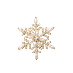 Detail of spinning snowflake brooch with marquise pearls and zircon crystals on gold base