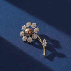 Elegant Flower Dandelion Brooch For Women With Champagne Artificial Pearl And Zircon Inlaid Copper Pin For Suit Coat Scarf