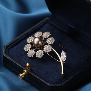 Elegant flower brooch with dark pearl and white zircon set in a premium velvet box