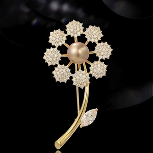 Exquisite flower brooch with champagne pearl and crystal petals on gold-plated metal