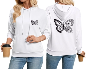 Vues détaillées avant et arrière d'un sweat à capuche blanc avec imprimé papillon et fleur