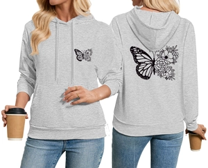 Détails du sweat à capuche gris pour femme avec imprimé papillon et fleur et poche kangourou