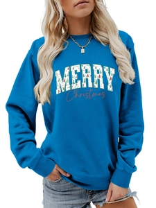 Detail of ribbed cuffs and hem on a blue Merry Christmas sweatshirt with festive lettering