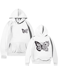 Détail du sweat à capuche blanc avec imprimé papillon floral et poche kangourou